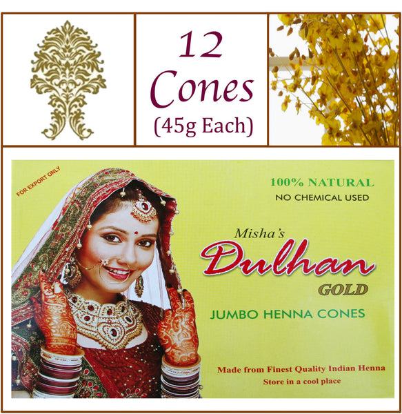 ONE Box. Dulhan Gold Henna Paste. 12 Jumbo Cones, 45g Ea.