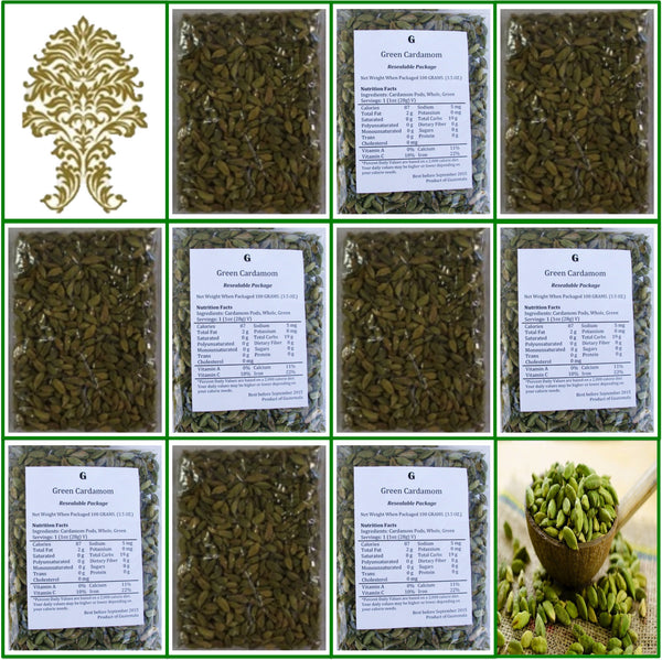 10 Bags. Natural Green Whole Cardamom Pods. Extra Fancy Grade! 100g Ea.