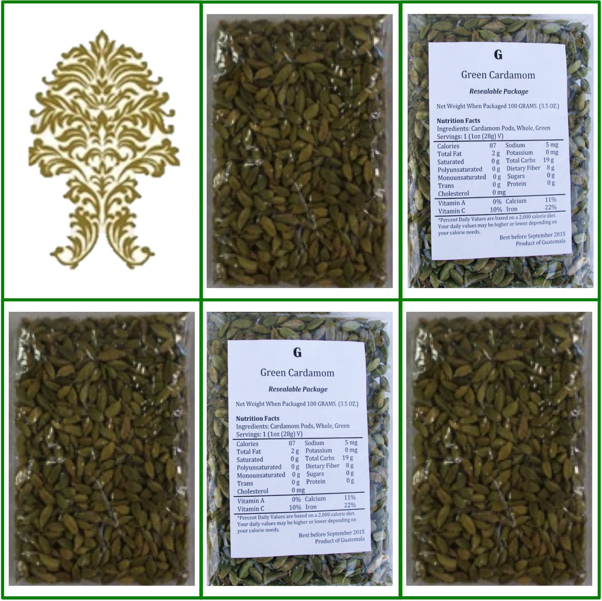 5 Bags. Natural Green Whole Cardamom Pods. Extra Fancy Grade! 100g Ea.