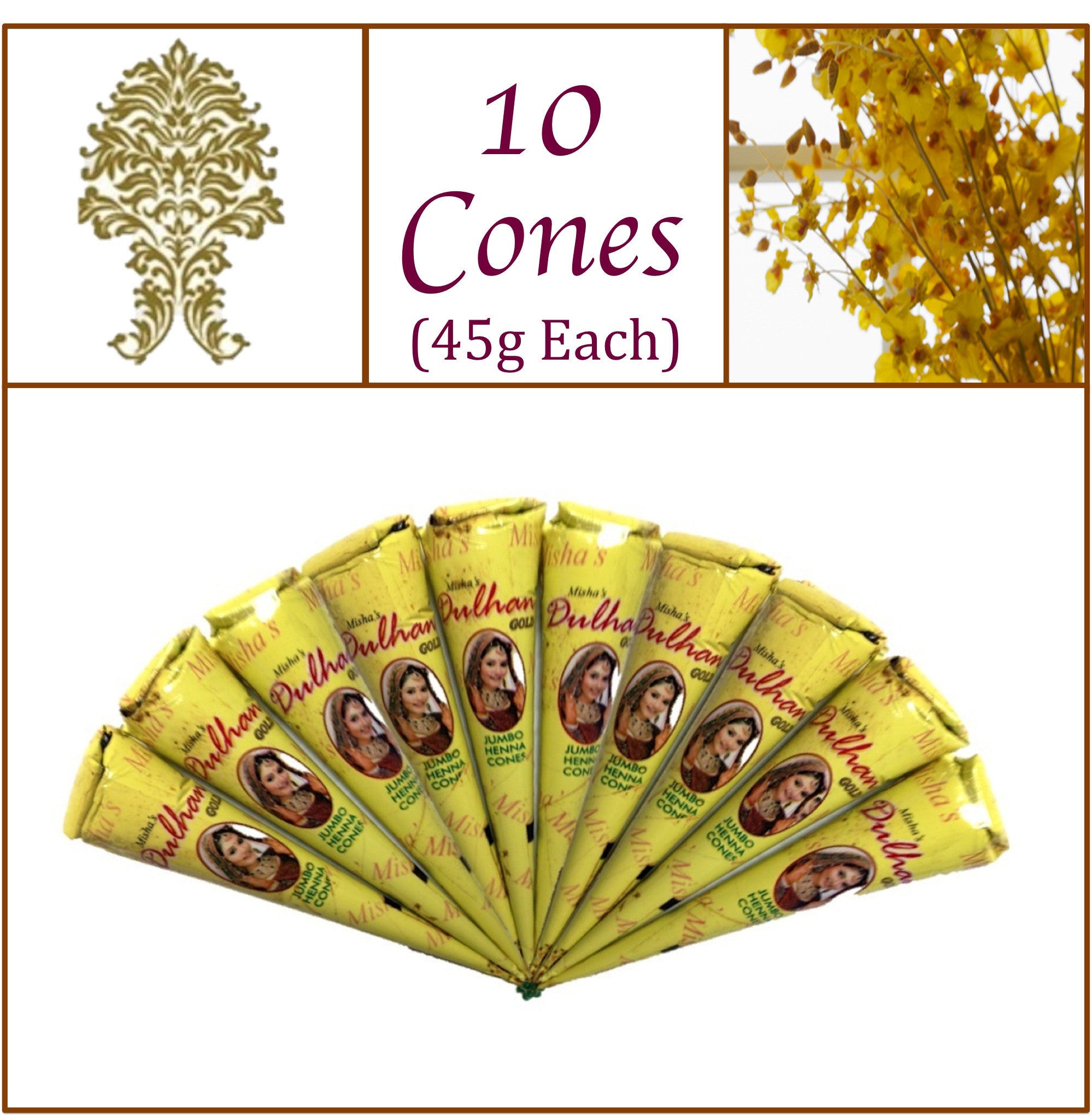 10 Jumbo Cones. Dulhan Gold Henna Paste. No Chemicals No PPD. 45g Ea.
