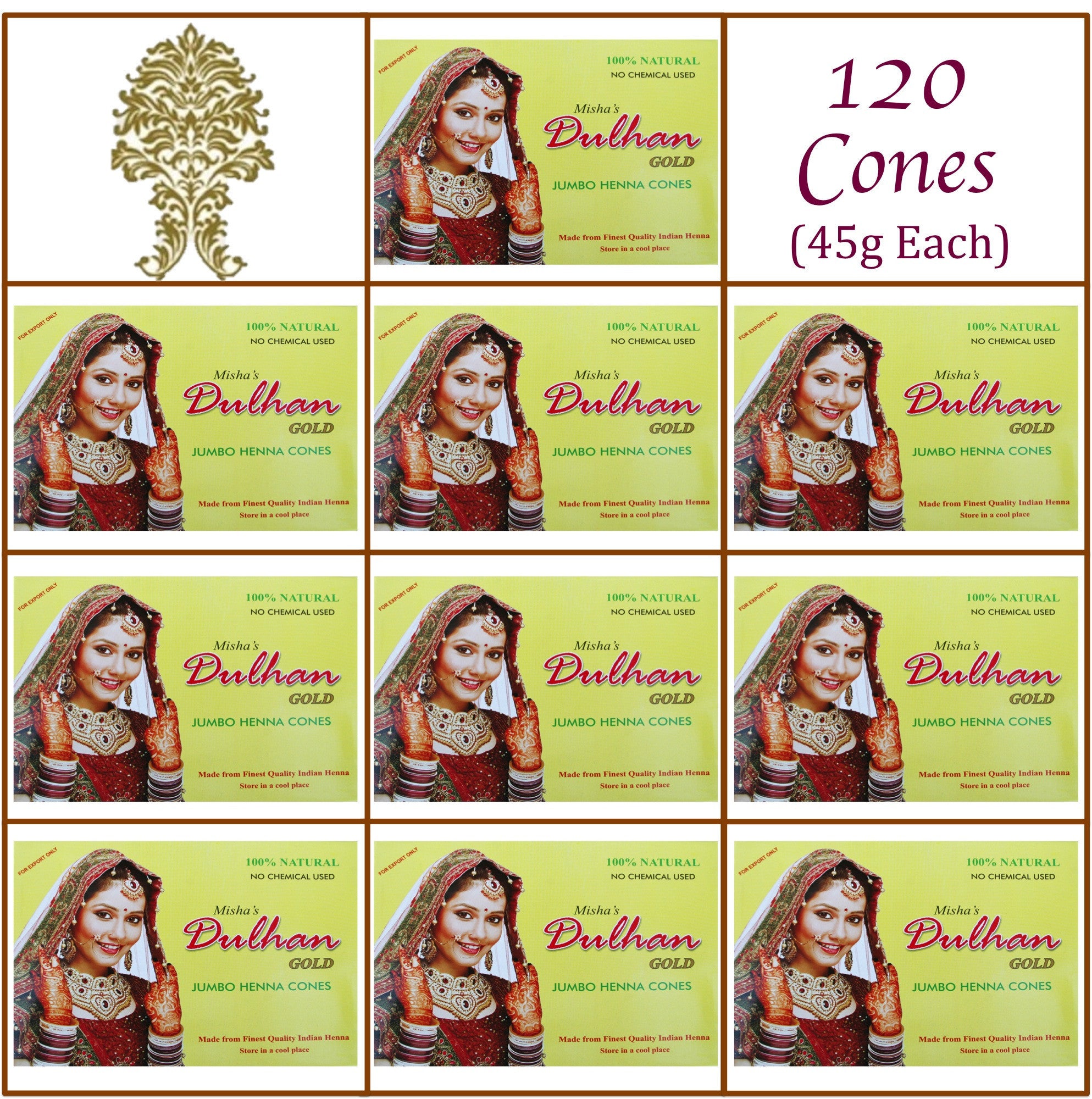 10 Boxes. Dulhan Gold Henna Paste. 120 Jumbo Cones, 45g Ea.