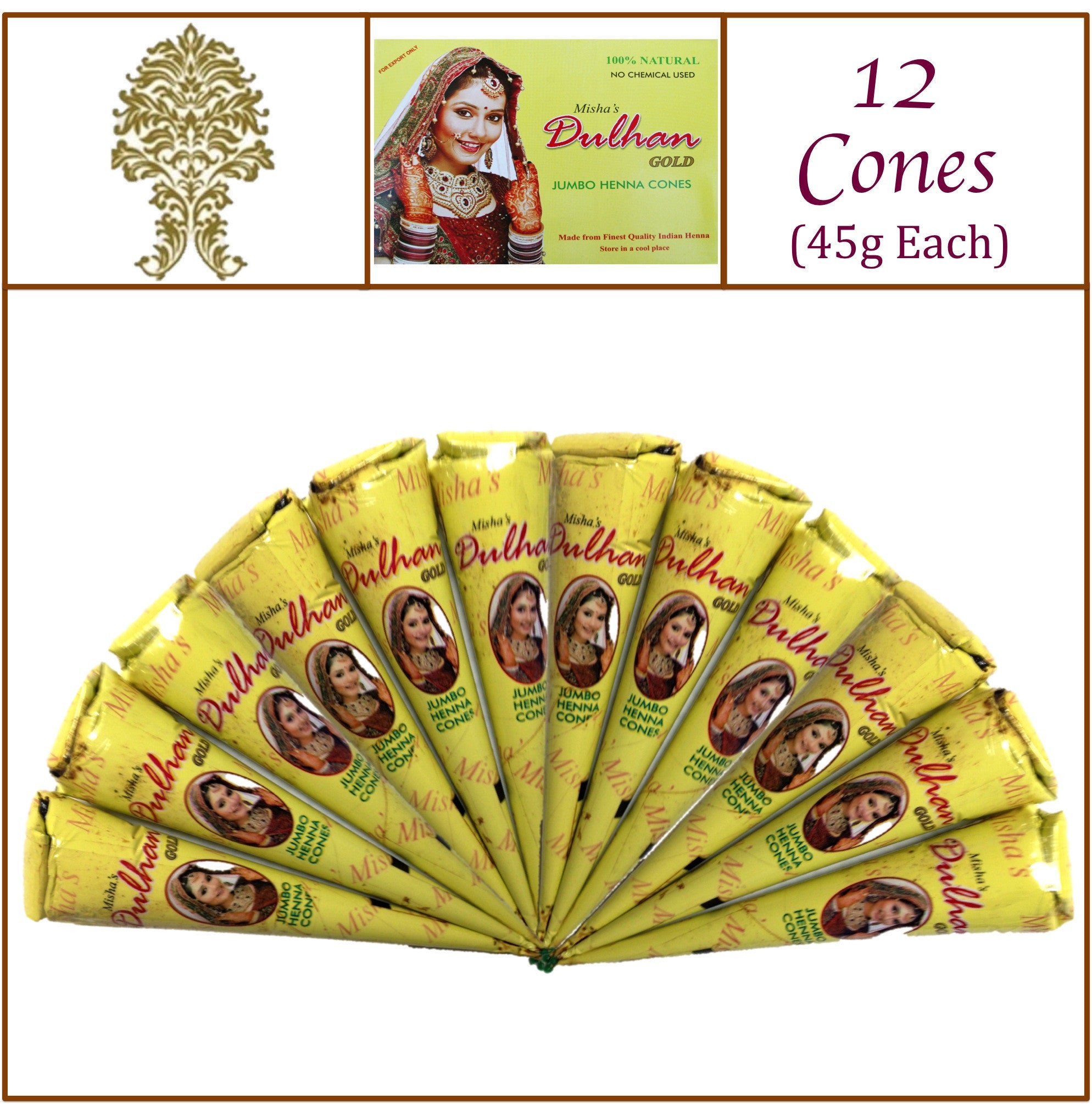 12 Jumbo Cones. Dulhan Gold Henna Paste. No Chemicals No PPD. 45g Ea.