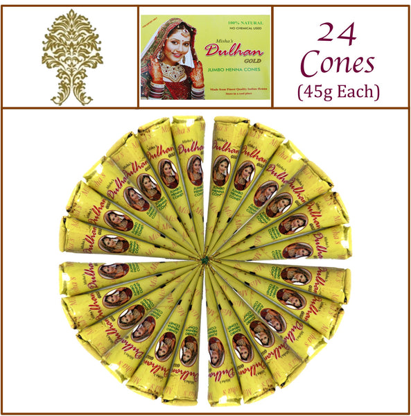 24 Jumbo Cones. Dulhan Gold Henna Paste. No Chemicals No PPD. 45g Ea.