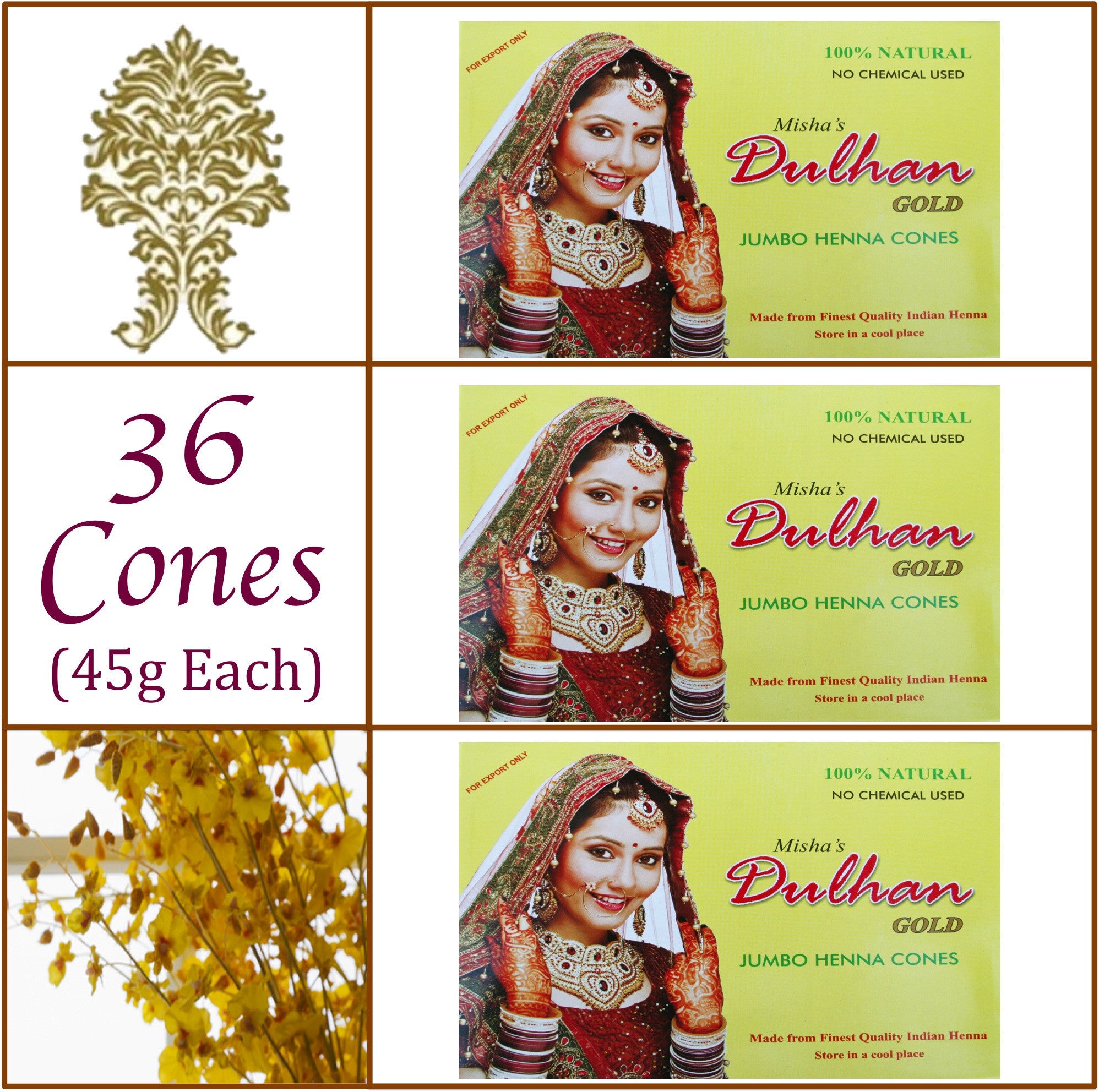 3 Boxes. Dulhan Gold Henna Paste. 36 Jumbo Cones, 45g Ea.