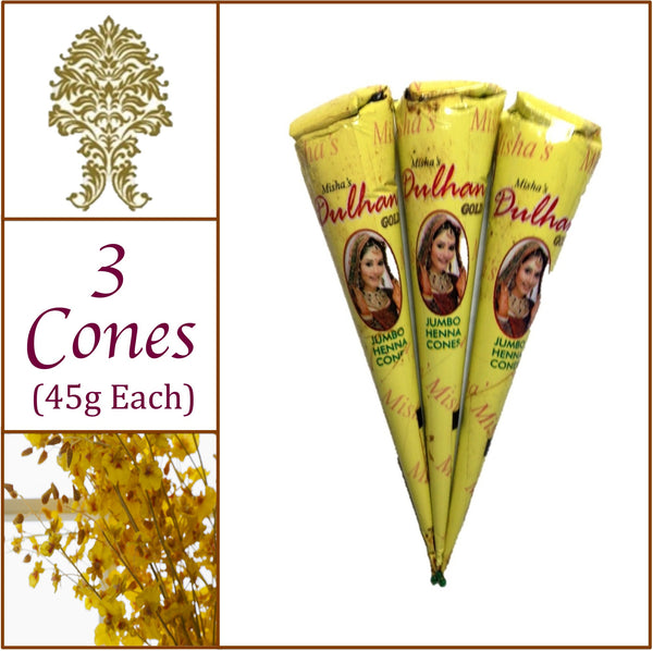 3 Jumbo Cones. Dulhan Gold Henna Paste. No Chemicals No PPD. 45g Ea.