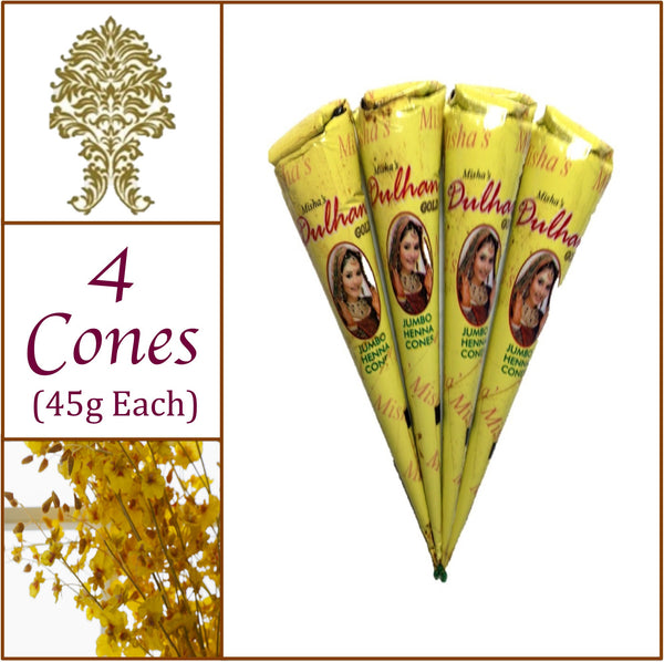4 Jumbo Cones. Dulhan Gold Henna Paste. No Chemicals No PPD. 45g Ea.