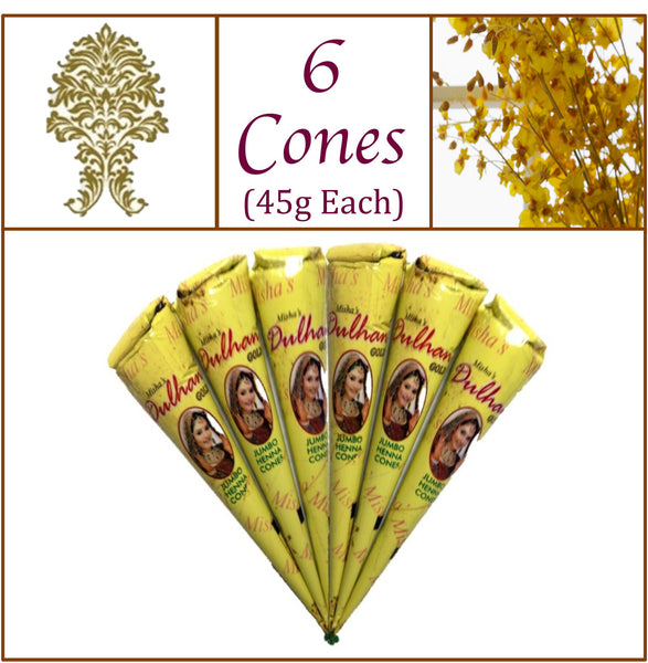 6 Jumbo Cones. Dulhan Gold Henna Paste. No Chemicals No PPD. 45g Ea.