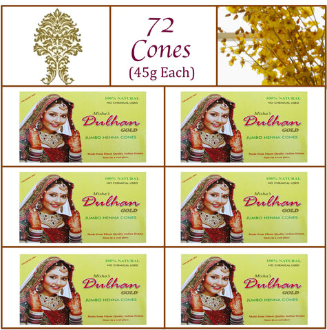 6 Boxes. Dulhan Gold Henna Paste. 72 Jumbo Cones, 45g Ea.